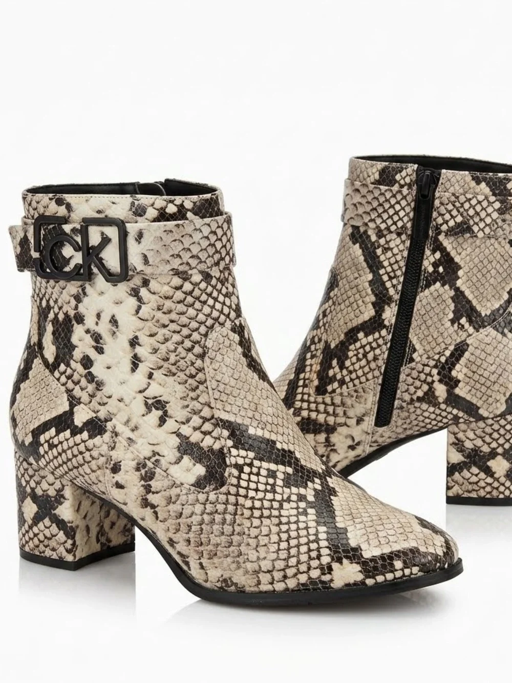 Calvin Klein Black & Ivory Snakeskin-Print Ankle Booties